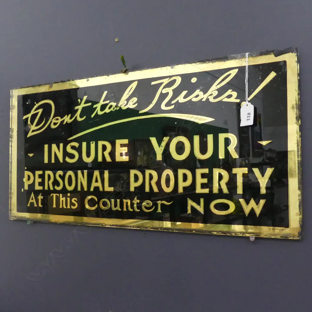 VINTAGE INSURANCE SIGN - BLACK & GOLD GILD ON GLASS 580 X 290MM CHIPPIING TO RIMS Image 1++