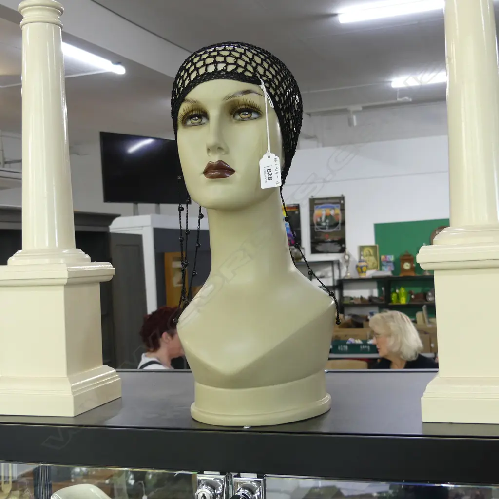 ART DECO STYLE LADY MANNEQUIN BUST H  435MM WITH BLACK CROCHET TASSLE HAT Image 1++