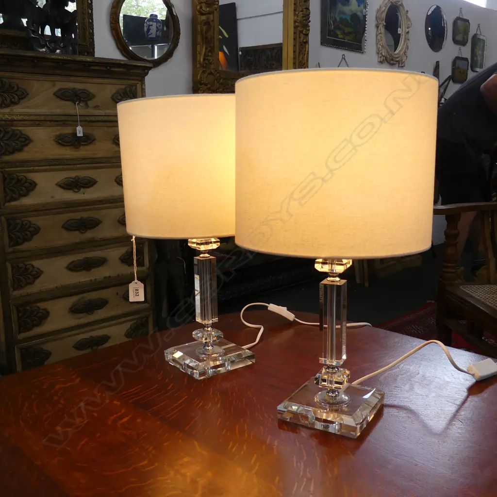 PR GLASS BASE &  COLUMN TABLE LAMPS, CREAM SHADES H 450MM Image 1++