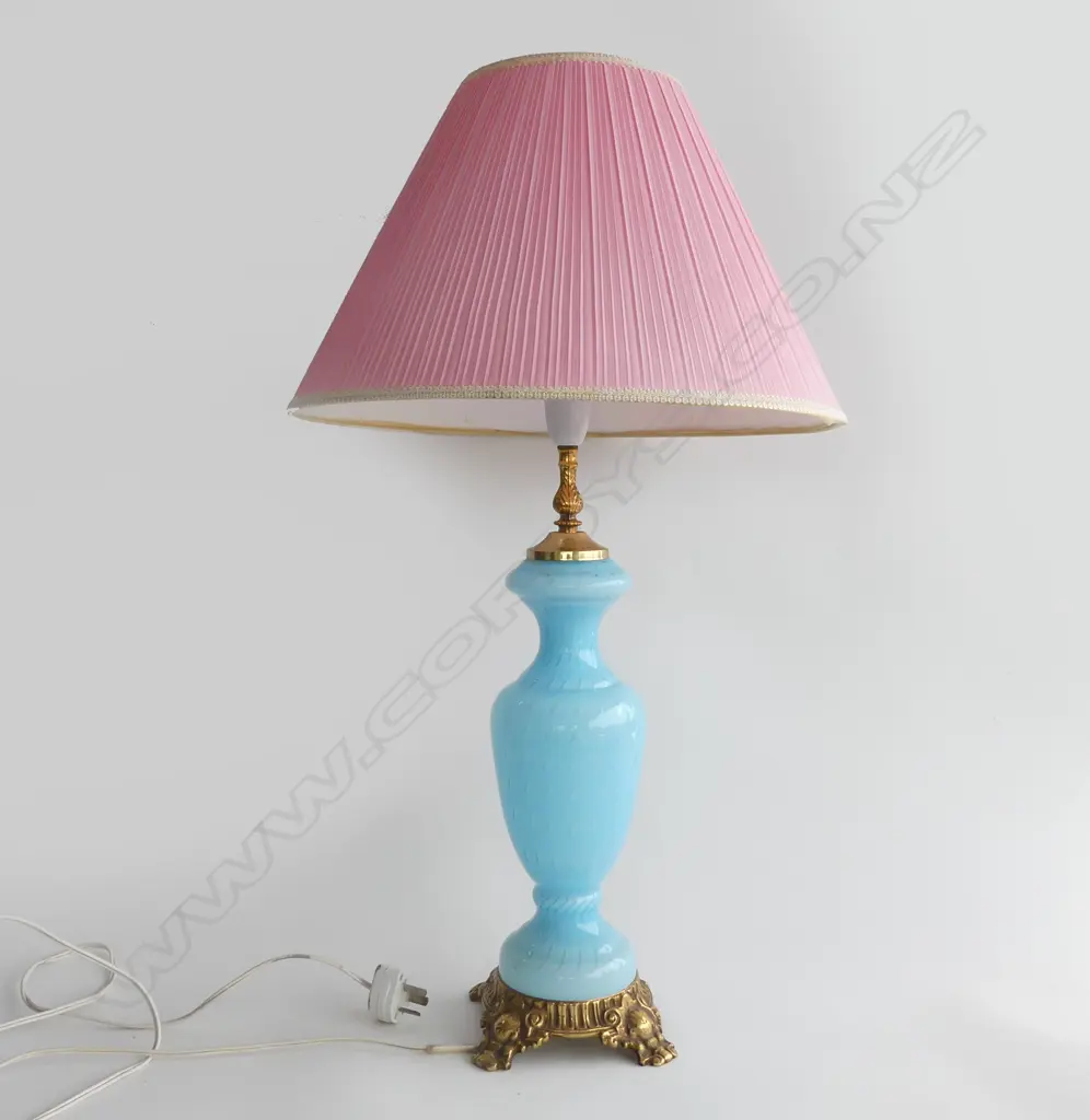 RETRO BLUE ITALIAN BLOWN GLASS LAMP w. PINK SHADE H.660mm Image 1++