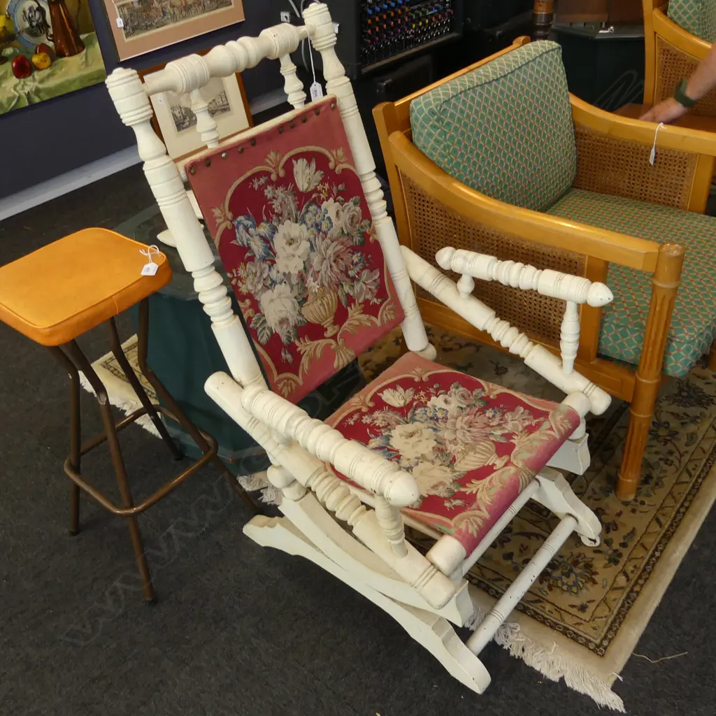 WHITE PAINTED COLONIAL ROCKER WITH TAPESTRY BACK & SEAT Image 1++