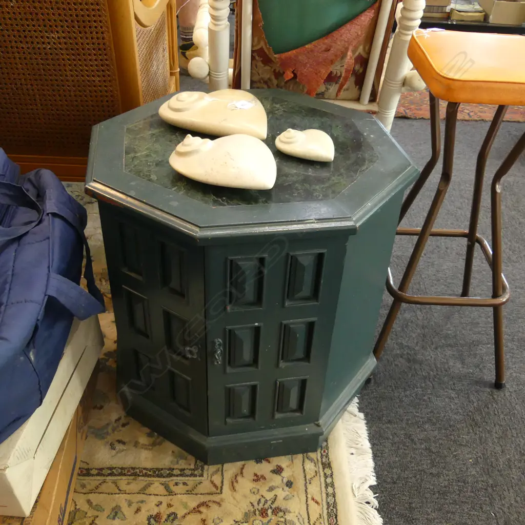 PR GREEN PAINTED, MARBLE TOPPED 8-SIDED 2 DOOR CABINETS DIA  540 H 560MM Image 1++