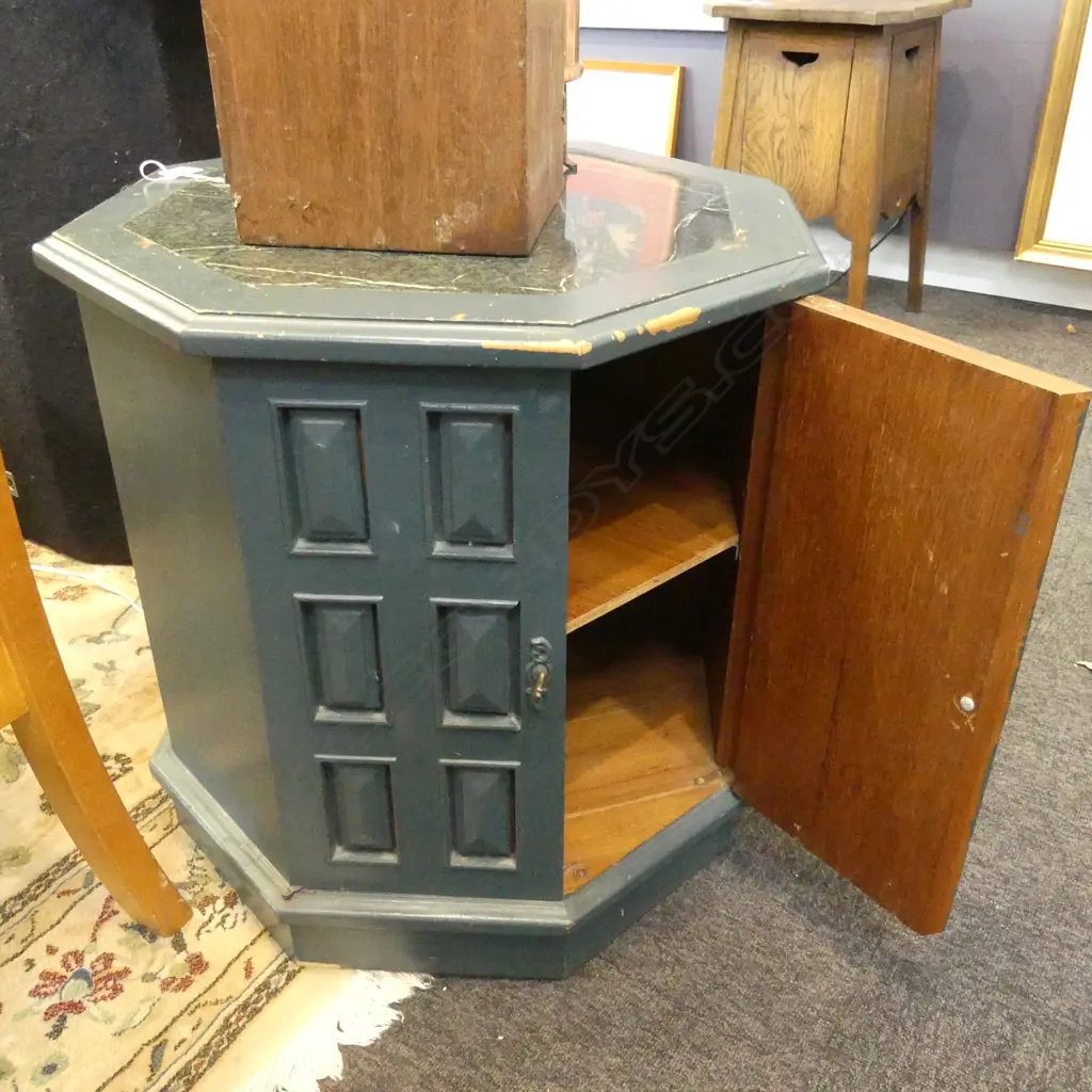 PR GREEN PAINTED, MARBLE TOPPED 8-SIDED 2 DOOR CABINETS DIA  540 H 560MM Image 1++