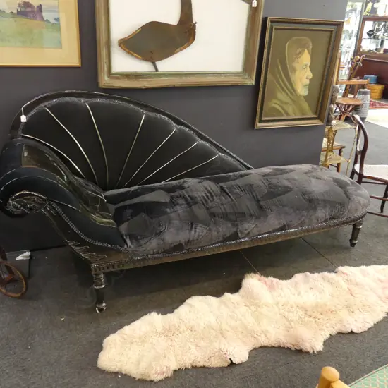 VICTORIAN STYLE BLACK VELVET PATCHWORK CHAISE LOUNGE L 2300MM