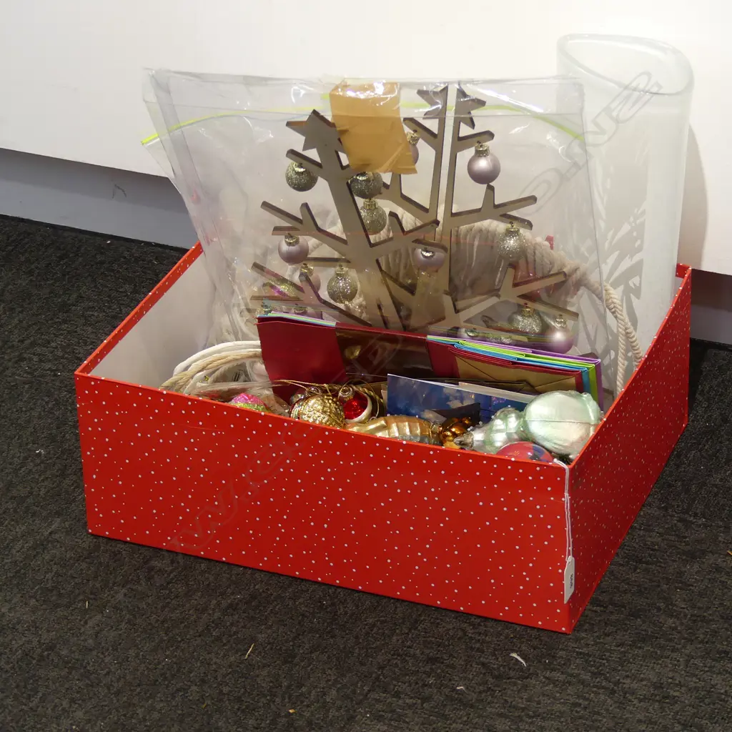 BOX LOT ASST. CHRISTMAS DECORATIONS, PUMICE STONES Image 1++
