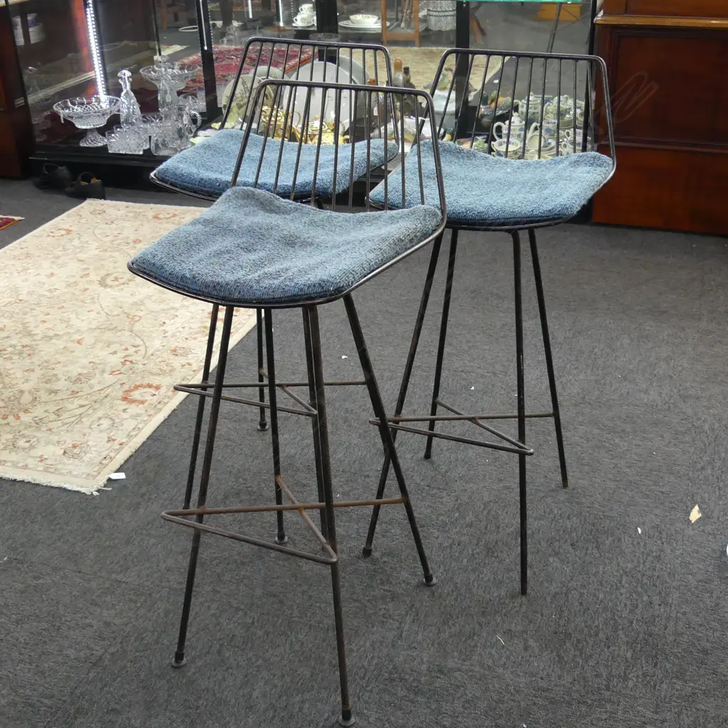 3 BLACK WROUGHT IRON STOOLS  Image 1++