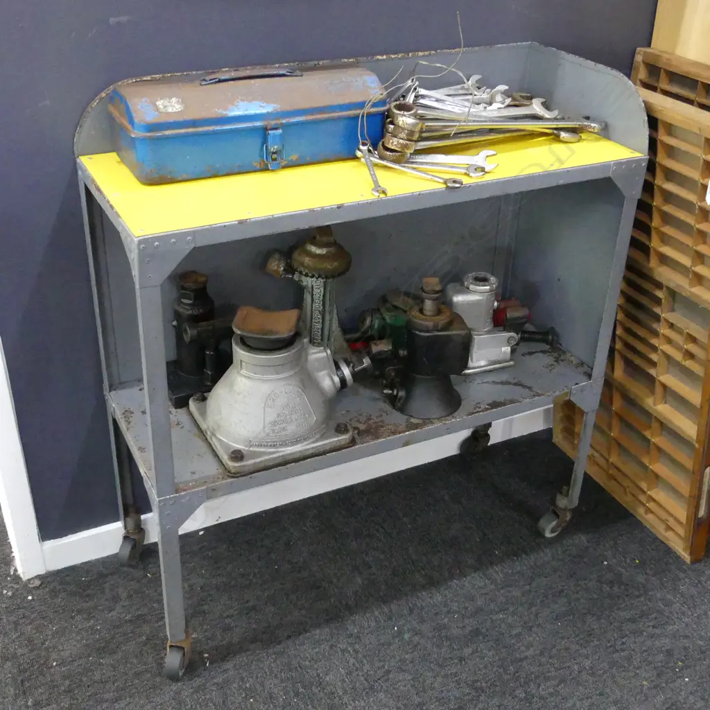 VINTAGE INDUSTRIAL WORKSHOP TROLLEY + TOOLS Image 1++