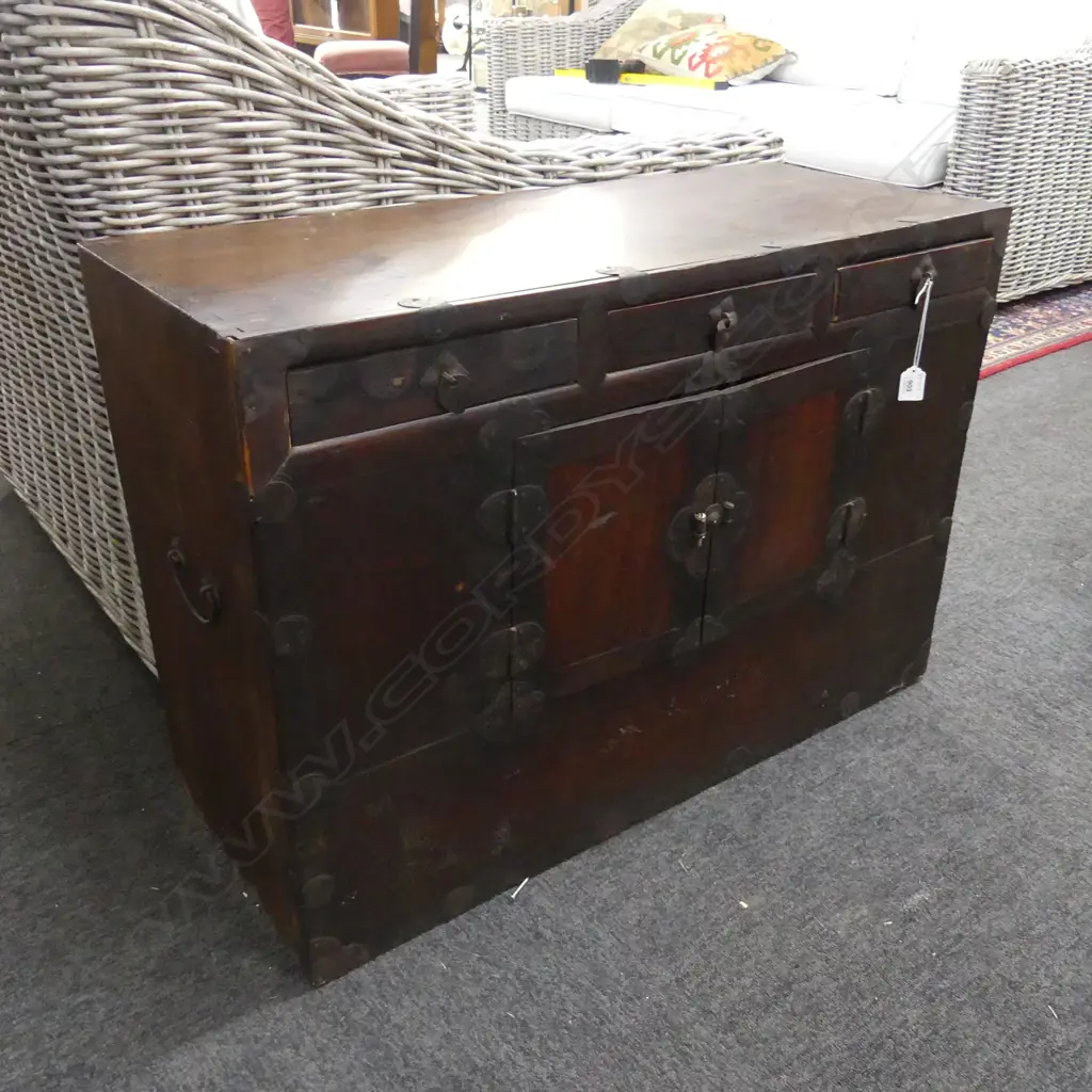 VINTAGE KOREAN CHEST w. 3 DRAWERS ABOVE DOUBLE DOORS 835x350x580mm Image 1++