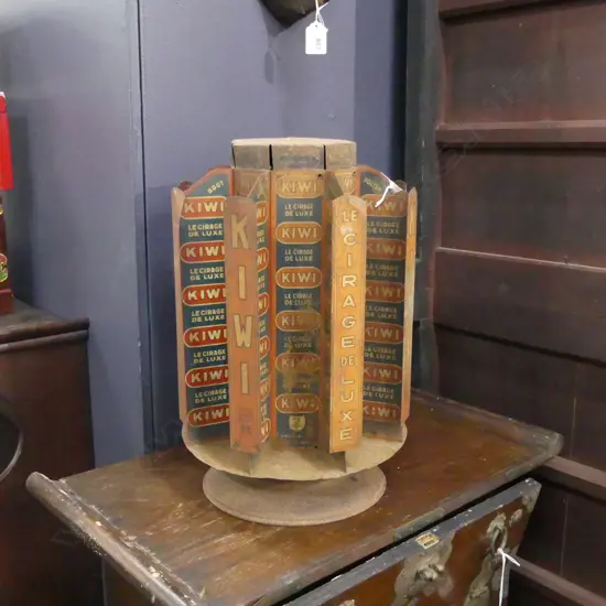 VINTAGE TIN PLATE KIWI SHOE POLISH STAND - IN FRENCH (LE CIRAGE DE LUXE) 370 X 250MM - SURFACE RUST