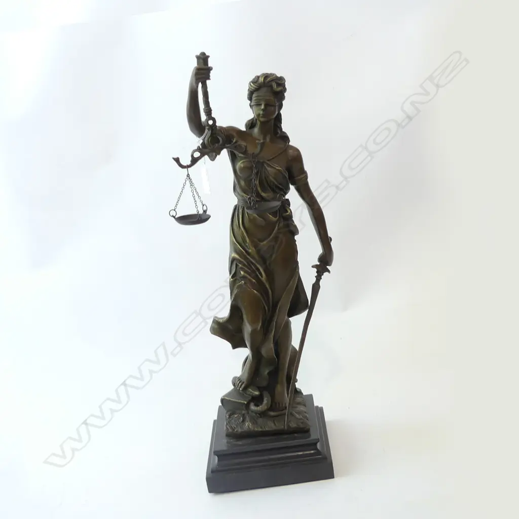 'LADY OF JUSTICE' BRONZE SCULPTURE ON MARBLE BASE - SIGNED 'MAYER' H 520MM Image 1++