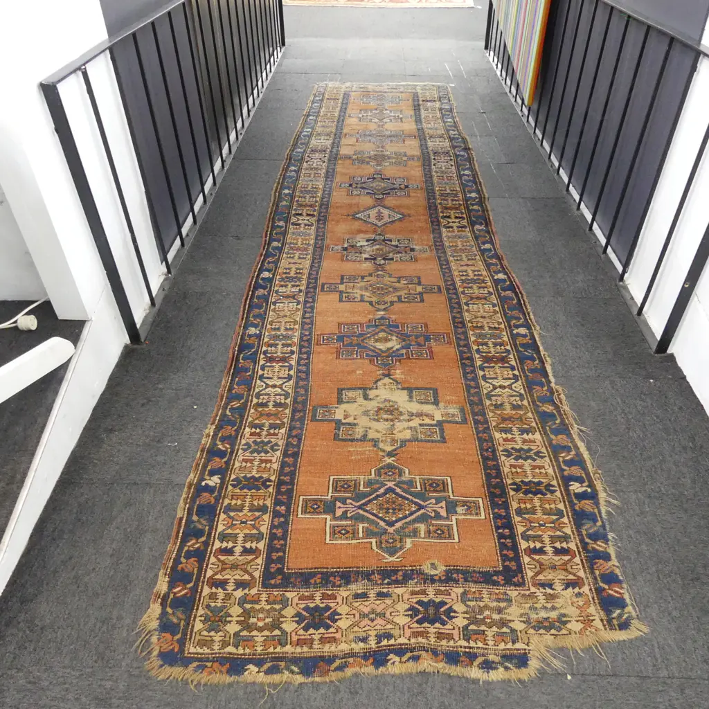 HAND KNOTTED ALL WOOL KURDISTAN RUNNER 4700X1000mm wear and repairs Image 1++