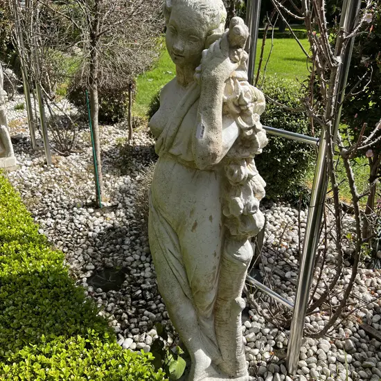 TALL CONCRETE GARDEN CLASSICAL GODDESS STATUE H.1400mm Semi naked w floral garland