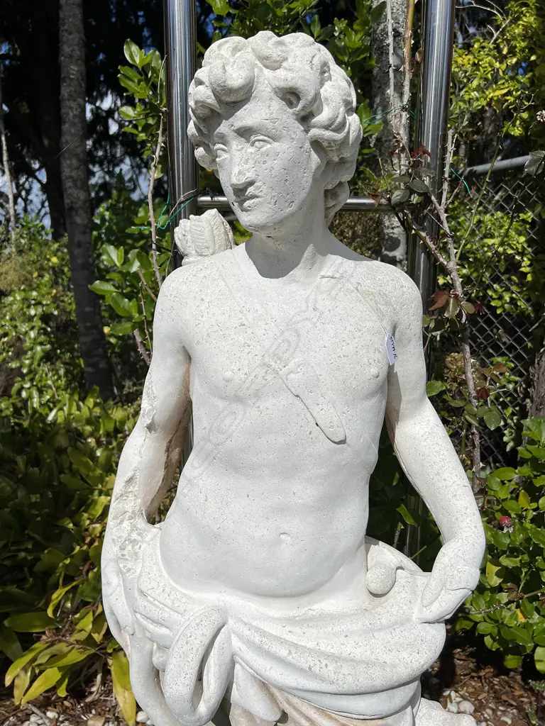 TALL CONCRETE GARDEN CLASSICAL MALE STATUE H.1400mm Semi naked w floral garland break to top of bow Image 1++