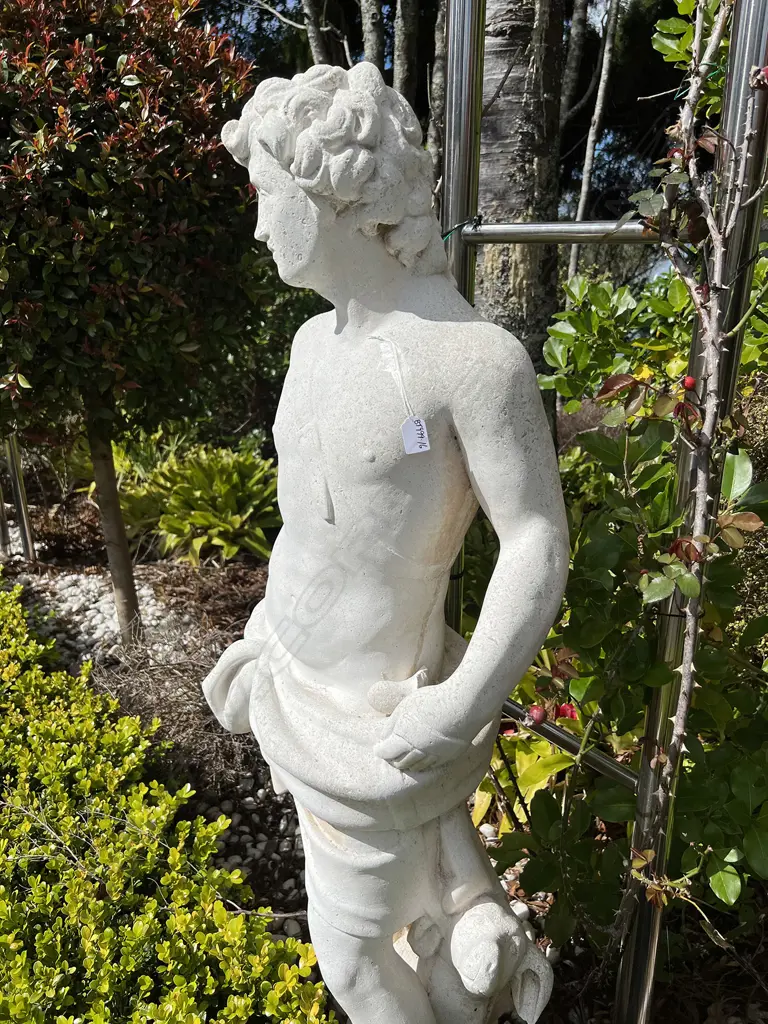 TALL CONCRETE GARDEN CLASSICAL MALE STATUE H.1400mm Semi naked w floral garland break to top of bow Image 1++