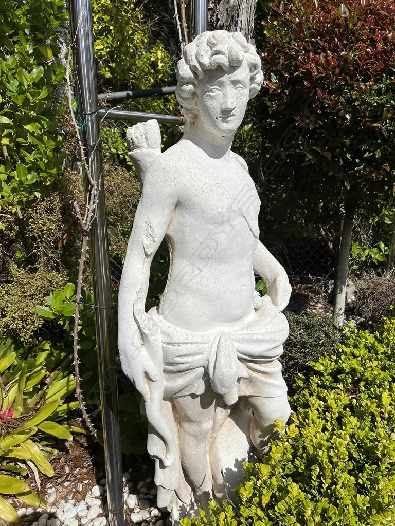 TALL CONCRETE GARDEN CLASSICAL MALE STATUE H.1400mm Semi naked w floral garland break to top of bow Image 1++