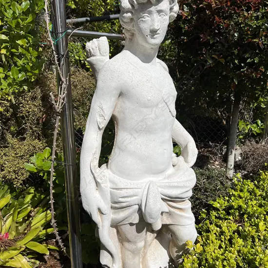 TALL CONCRETE GARDEN CLASSICAL MALE STATUE H.1400mm Semi naked w floral garland break to top of bow