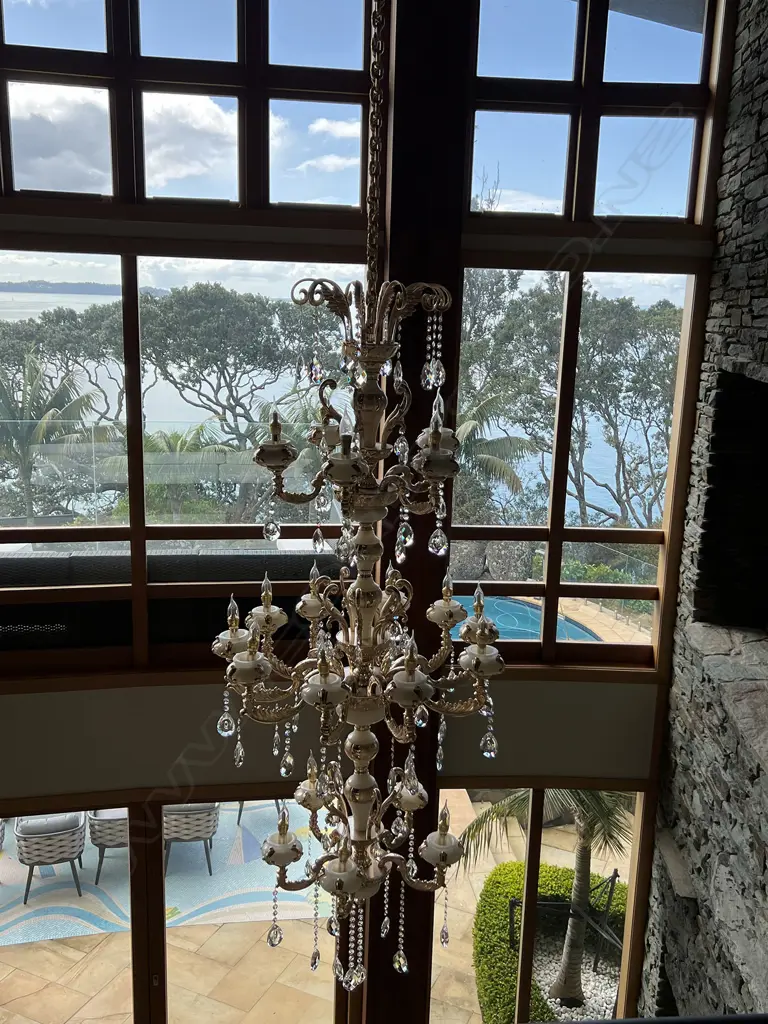 VERY TALL MODERN CHANDELIER MILK GLASS/ALABASTER SECTIONS 3 TIERS 18 LIGHTS/ARMS. Image 1++