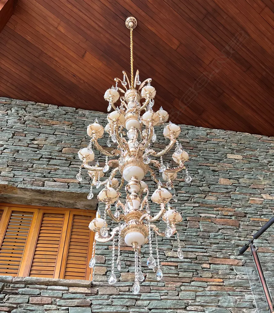 VERY TALL MODERN CHANDELIER MILK GLASS/ALABASTER SECTIONS 3 TIERS 18 LIGHTS/ARMS. Image 1++