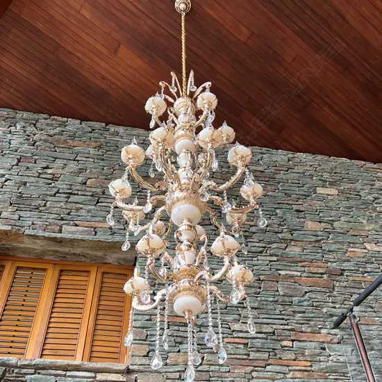 VERY TALL MODERN CHANDELIER MILK GLASS/ALABASTER SECTIONS 3 TIERS 18 LIGHTS/ARMS.