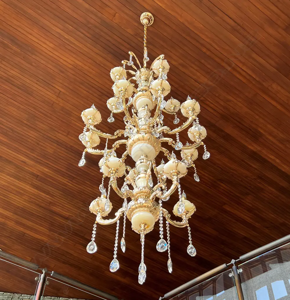 VERY TALL MODERN CHANDELIER MILK GLASS/ALABASTER SECTIONS 3 TIERS 18 LIGHTS/ARMS. Image 1++