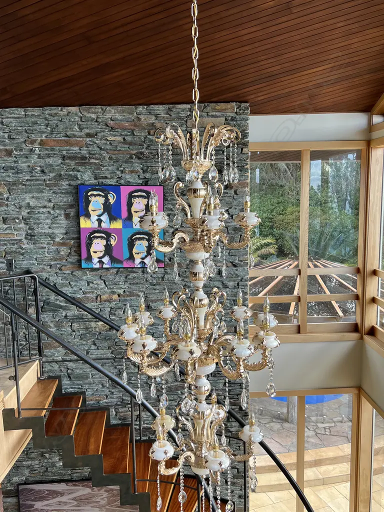 VERY TALL MODERN CHANDELIER MILK GLASS/ALABASTER SECTIONS 3 TIERS 18 LIGHTS/ARMS. Image 1++
