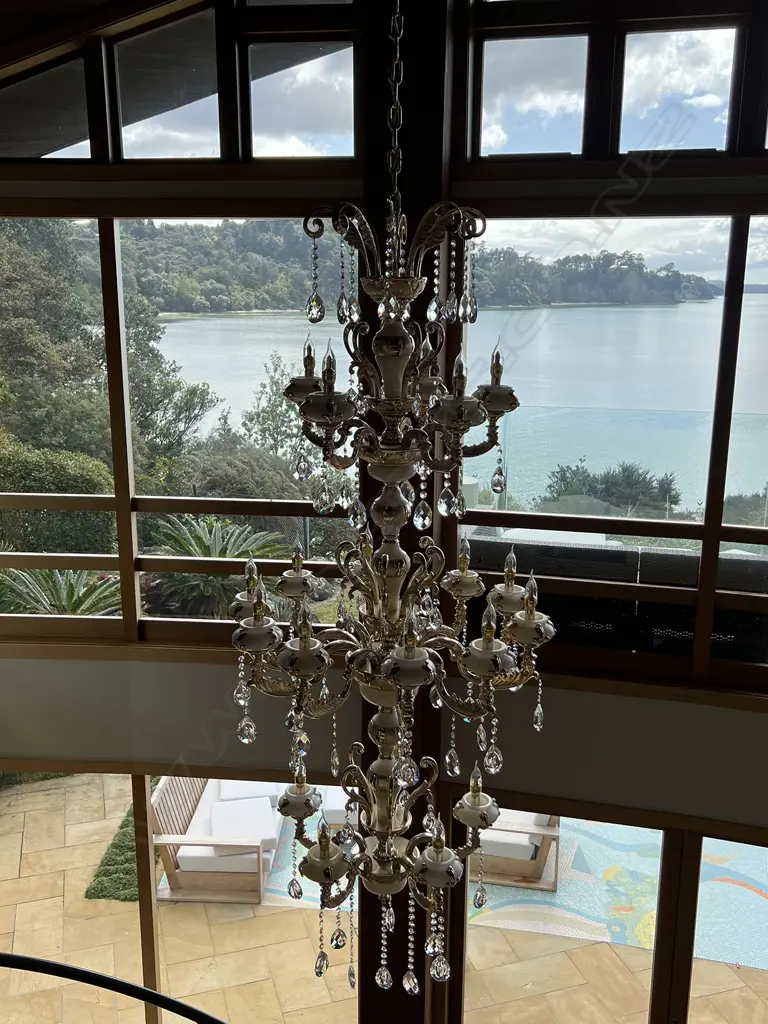 VERY TALL MODERN CHANDELIER MILK GLASS/ALABASTER SECTIONS 3 TIERS 18 LIGHTS/ARMS. Image 1++