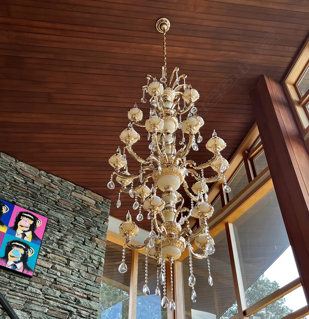 VERY TALL MODERN CHANDELIER MILK GLASS/ALABASTER SECTIONS 3 TIERS 18 LIGHTS/ARMS. Image 1++