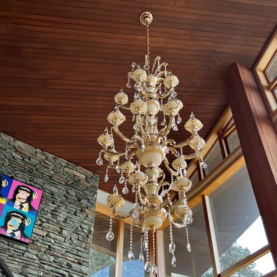 VERY TALL MODERN CHANDELIER MILK GLASS/ALABASTER SECTIONS 3 TIERS 18 LIGHTS/ARMS.