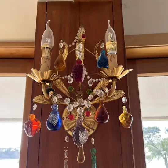 PR CLASSICAL FRENCH STLYE GILT METAL WALL SCONCE LIGHT FITTINGS COLOURED GLASS FRUIT 
