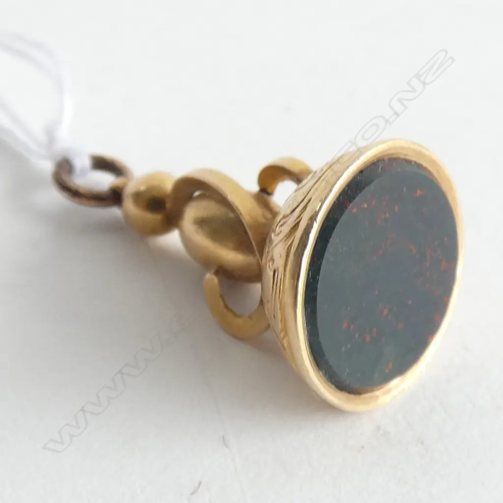 ANTIQUE 9CT GOLD FOB SEAL BLOODSTONE PANEL Image 1++