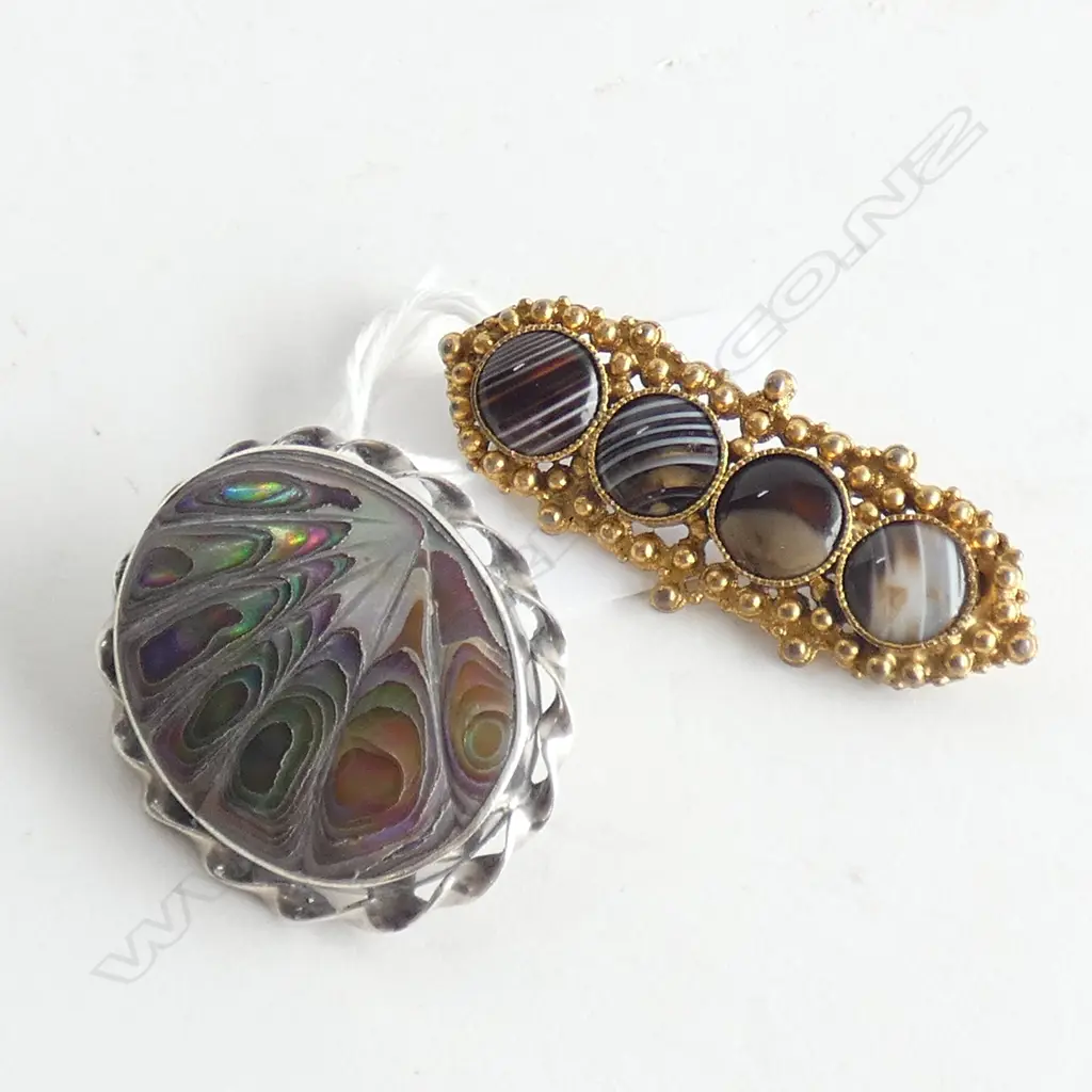 2 BROOCHES; BANDED AGATE & STG PAUA Image 1++