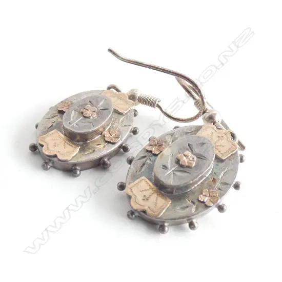 VICTORIAN SILVER & GOLD EARRINGS AND SILVER BROOCH