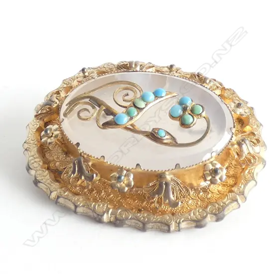 SILVER GILT AGATE AND TURQUOISE BROOCH