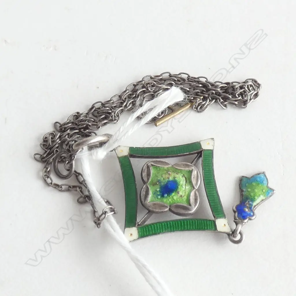 ARTS & CRAFTS SILVER ENAMEL PENDANT ON CHAIN Image 1++