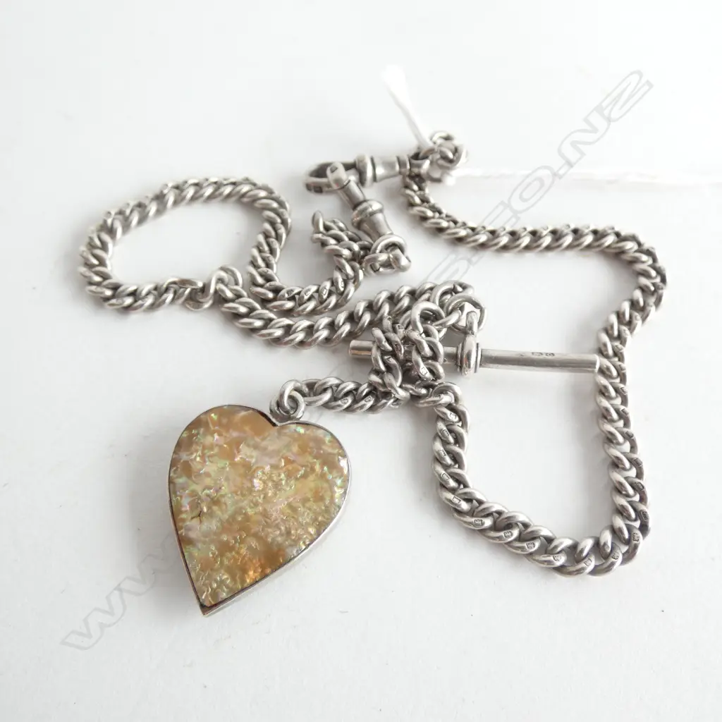 SILVER FOB CHAIN WITH PAUA SHELL HEART SET IN SILVER  29.80gm Image 1++