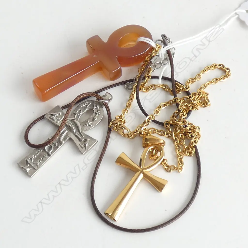 3 ANKH CROSSES; AGATE, SILVER METAL & GOLD METAL NECKLACES Image 1++