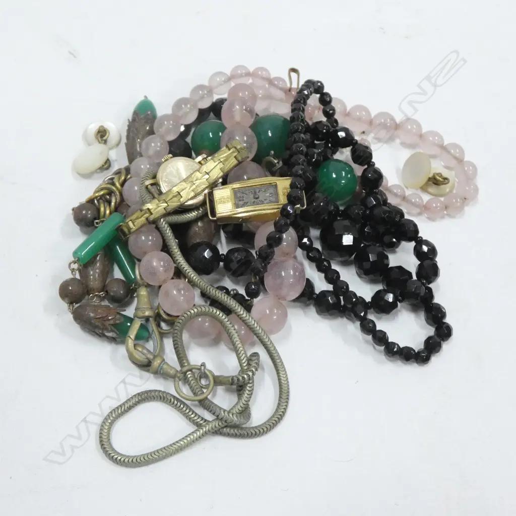 BAG ASST VINTAGE BEADS (INCL JET) + MOP CUFFLINKS ETC. Image 1++