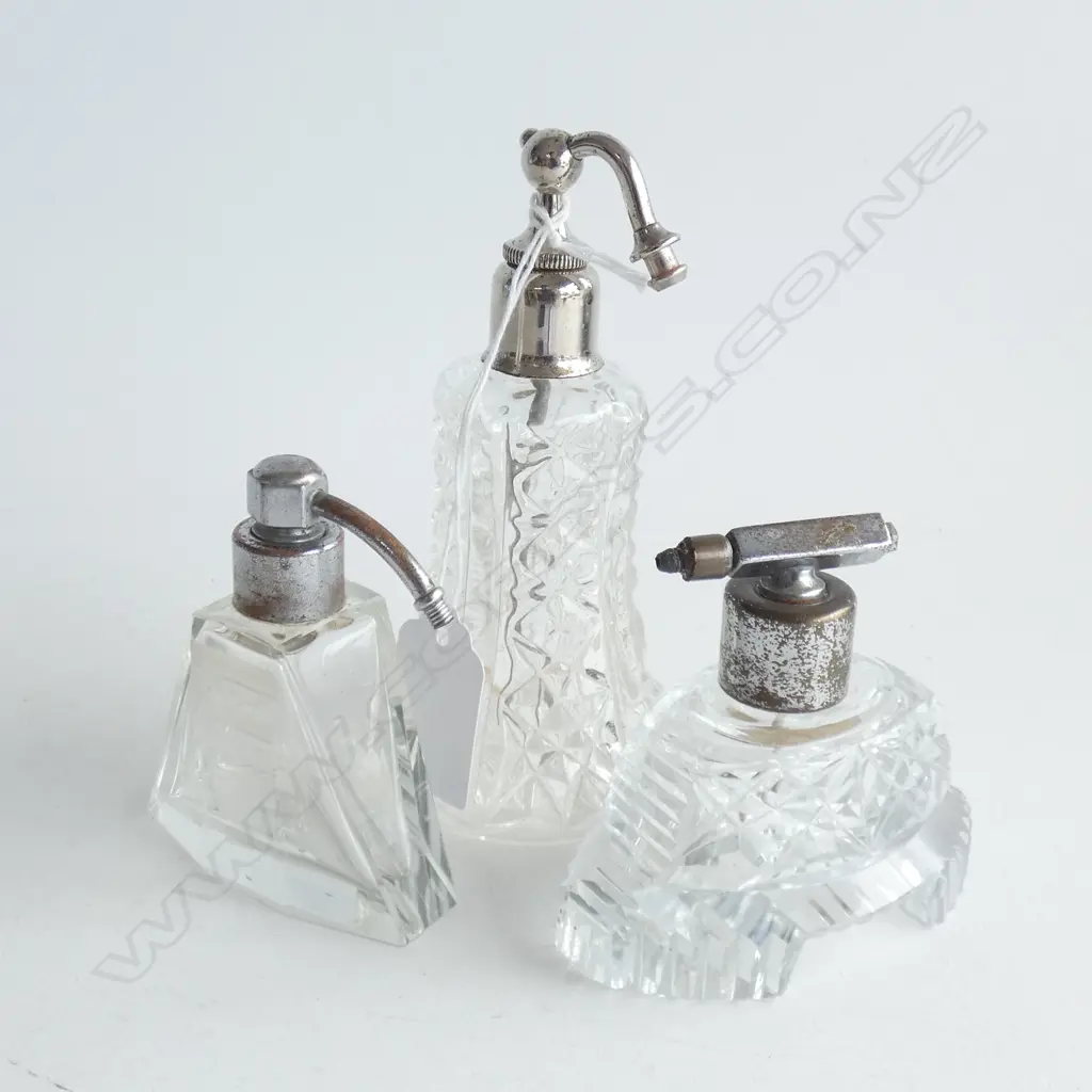 3 ART DECO CRYSTAL PERFUME BOTTLES H.130mm Image 1++