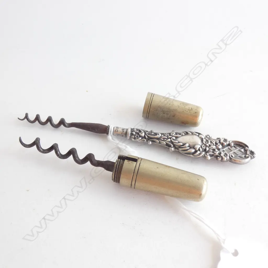 PR OLD CORK SCREWS; 1 STG SILVER HANDLE & 1 ENCASED BRASS Image 1++