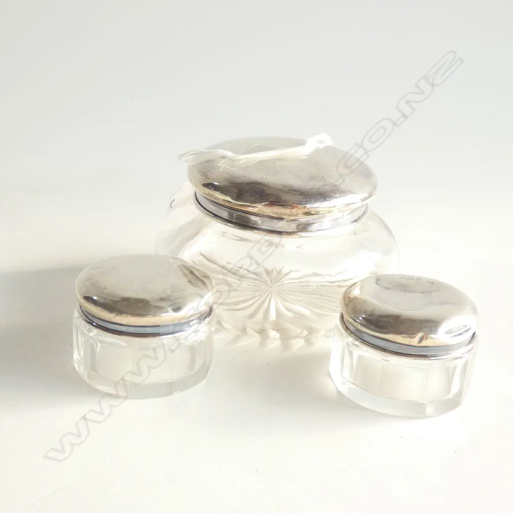 3 SILVER TOPPED FACETTED GLASS VANITY POTS Image 1++