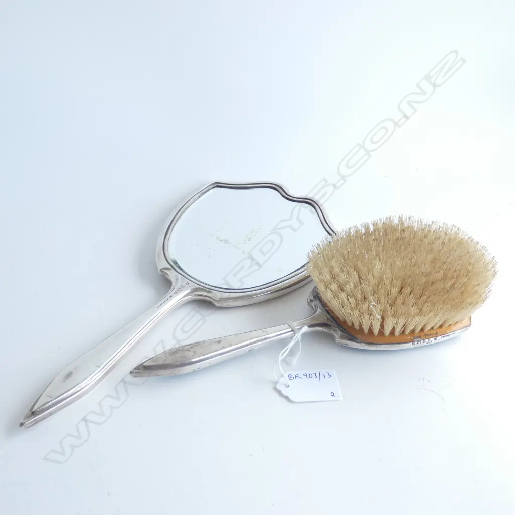 STG SILVER & GUILLOCHE ENAMEL HAND MIRROR & HAIR BRUSH B'HAM 1938 Image 1++
