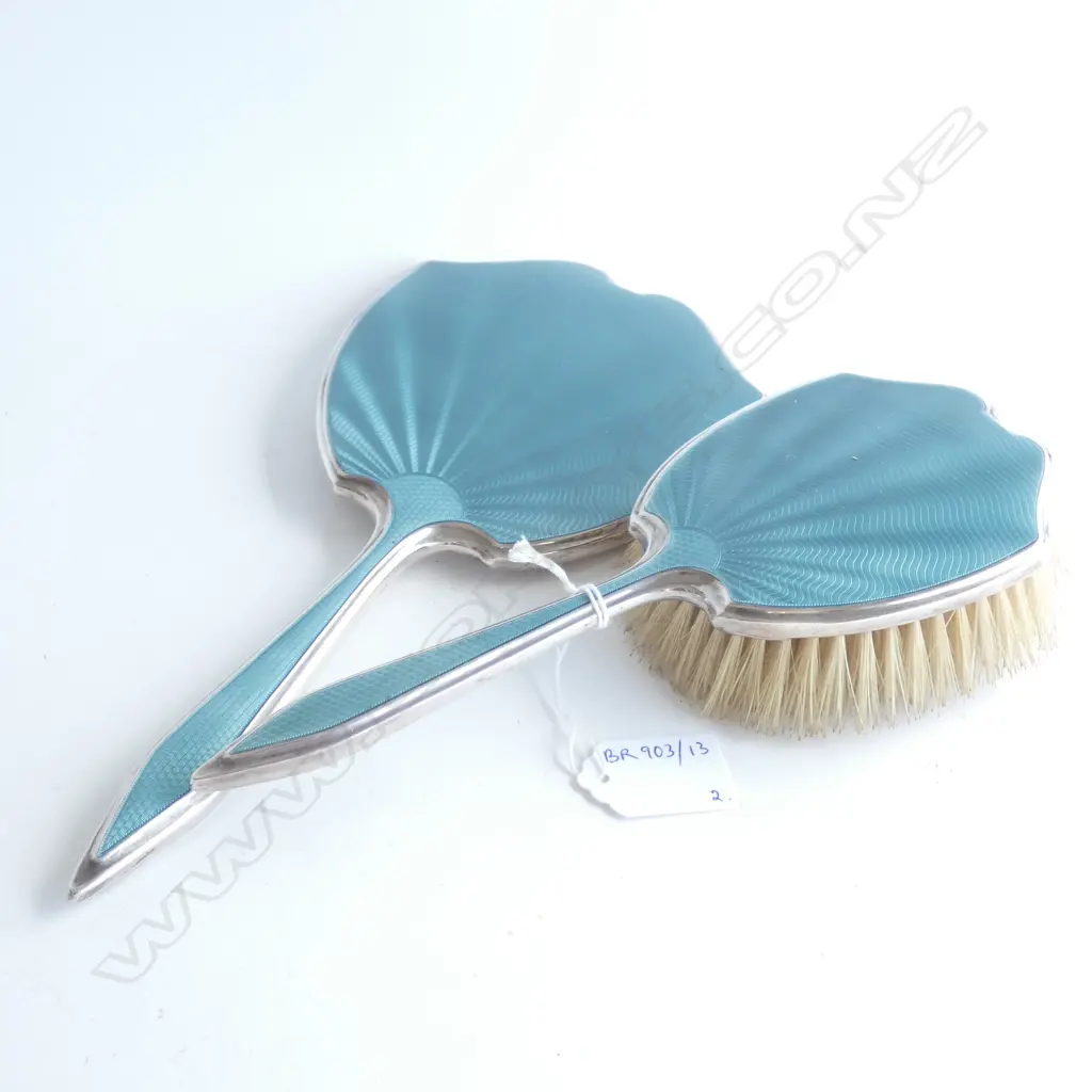 STG SILVER & GUILLOCHE ENAMEL HAND MIRROR & HAIR BRUSH B'HAM 1938 Image 1++