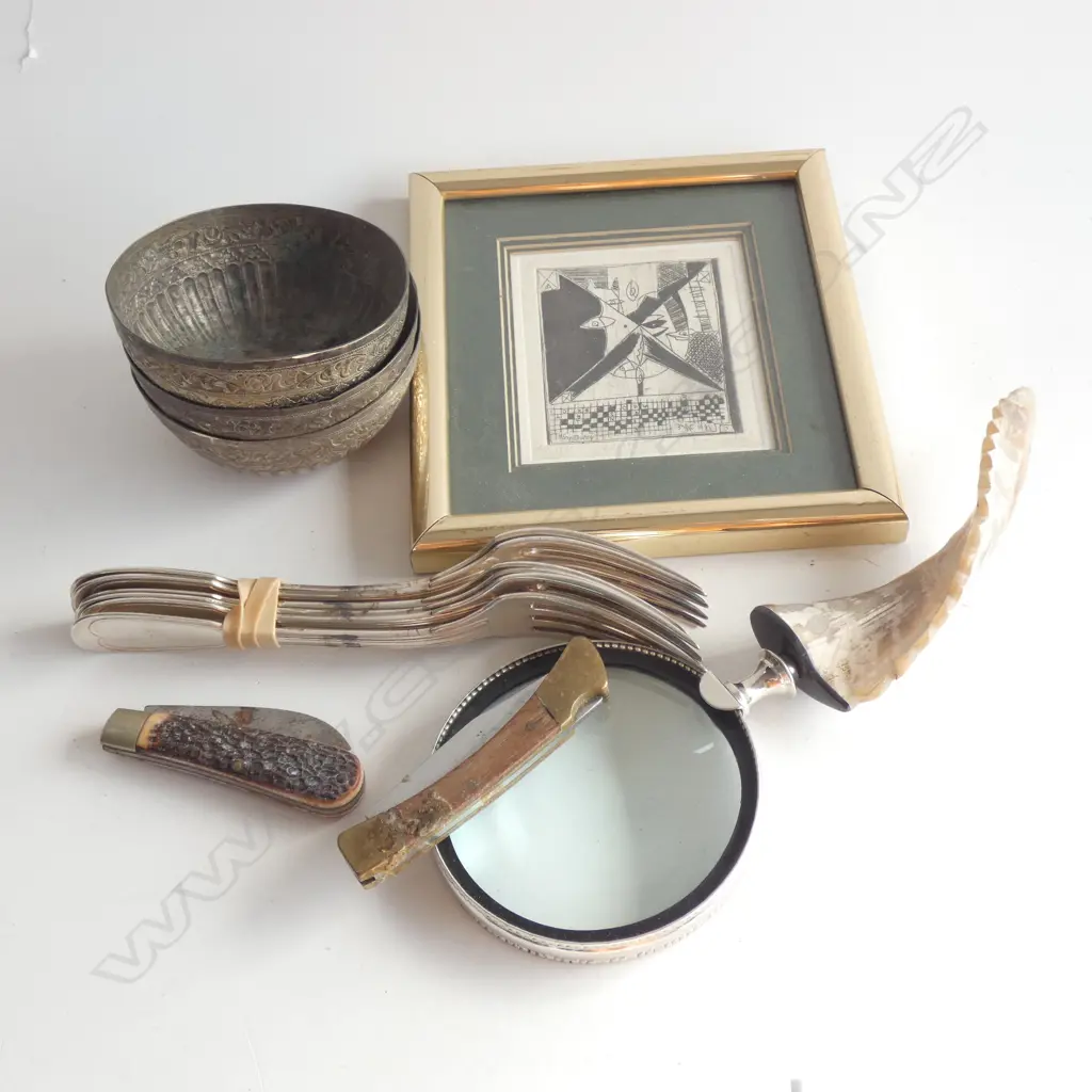 3 BURMESE SILVER PLATE BOWLS, 6 FORKS, 2 POCKET KNIVES, MAGNIFYING GLASS, PRINT  Image 1++
