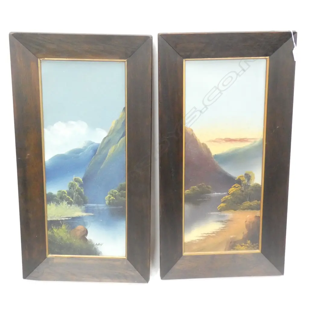 PAIR H. WAIN COLONIAL NZ LANDSCAPE OILS IN ORIG. OAK FRAMES 590x230mm Image 1++