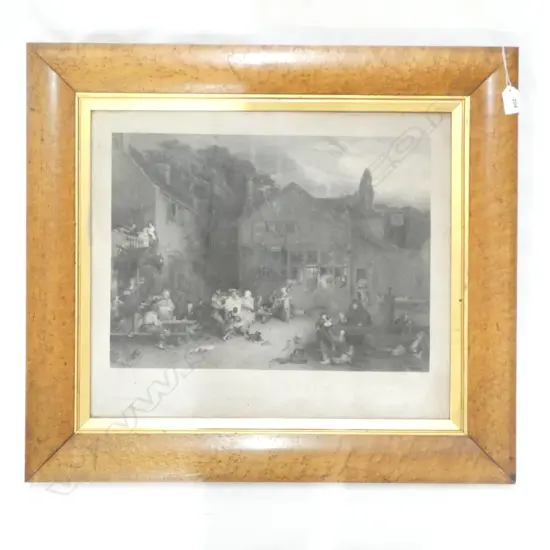 VICTORIAN ENGRAVING 'THE VILLAGE FESTIVAL' IN BIRDS EYE MAPLE FRAME...