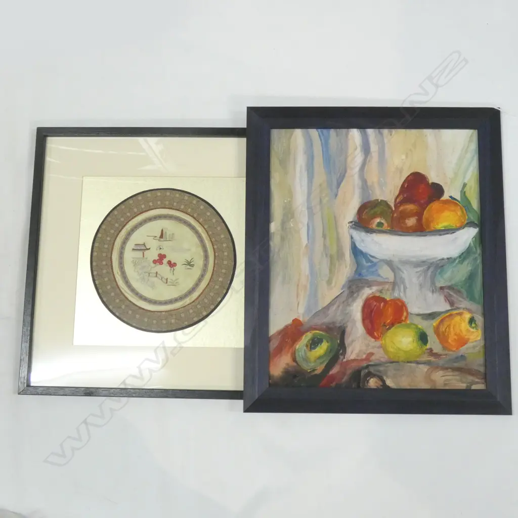 2 ARTWORKS; STILL LIFE & CIRCULAR ORIENTAL SILK EMBROIDERY 260mm dia Image 1++
