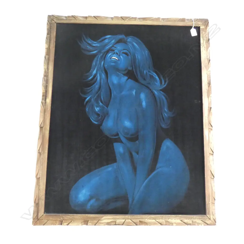 RETRO VELVET PAINTING NAKED BLUE LADY KNEELING Image 1++