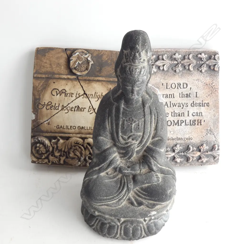 RUSTIC CEMENT BUDDHA H. 280MM + 2 MEMORY TILES Image 1++