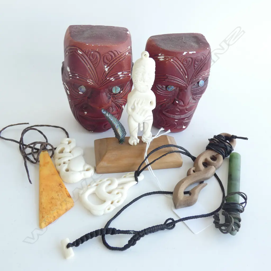 MAORI COLLECTABLES; BONE CARVINGS, POUNAMU, BOOKENDS ETC Image 1++