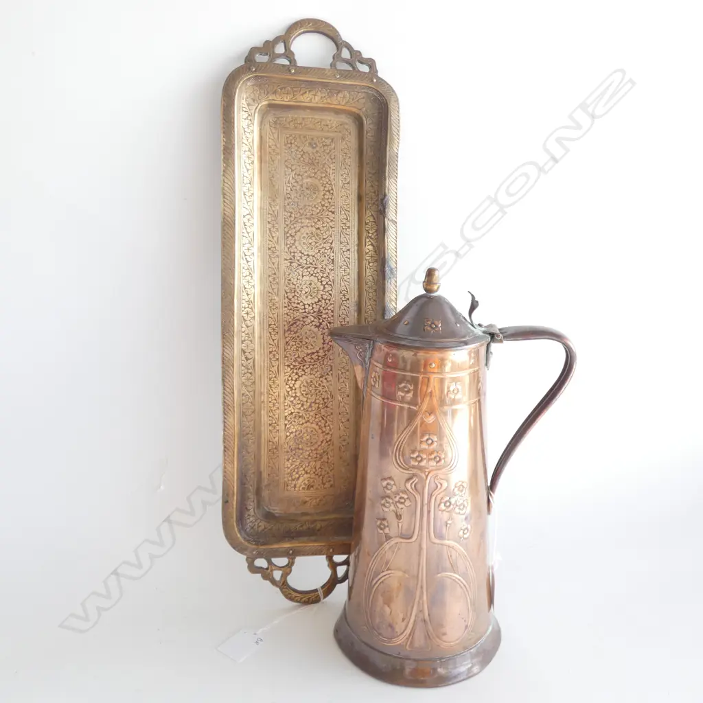 COPPER ART NOUVEAU  LIDDED JUG (H 310MM) & BRASS TRAY L  490MM Image 1++